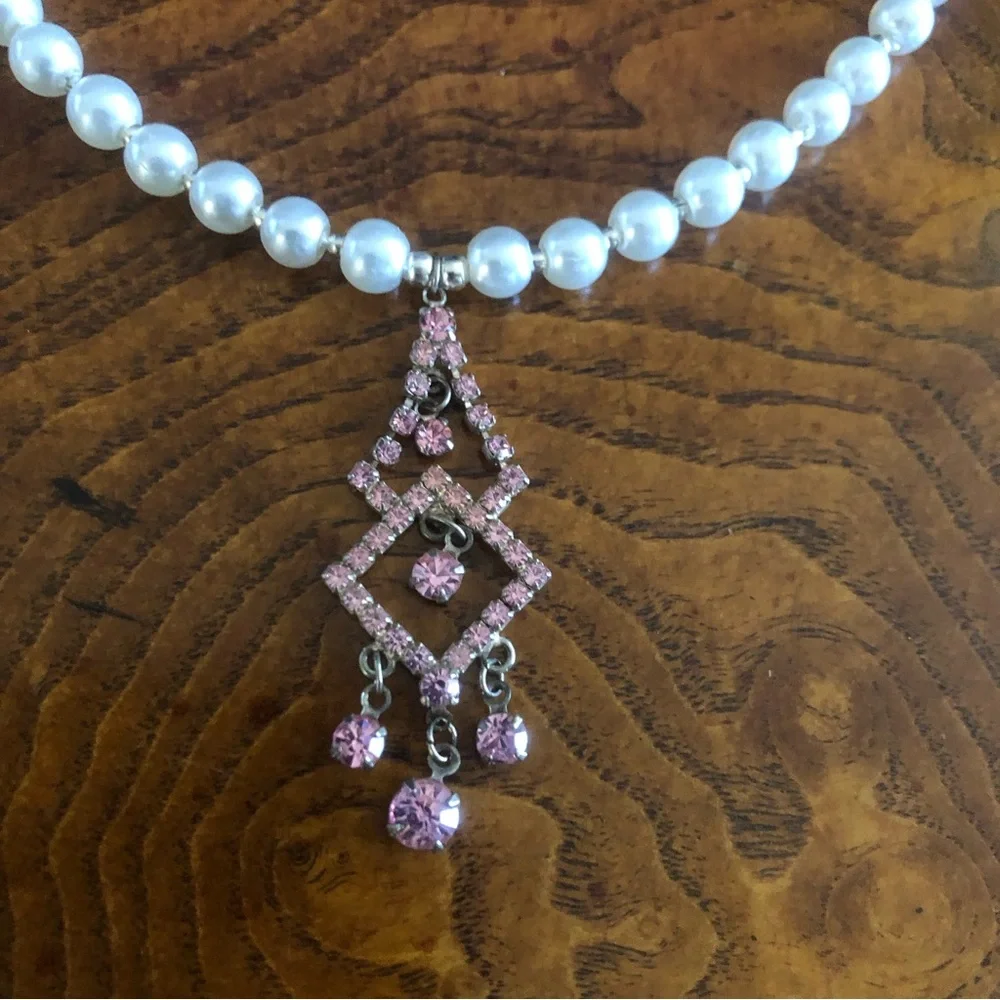 Handcrafted repurpose elegant pink chandelier pendant Czech glass Pearl necklace